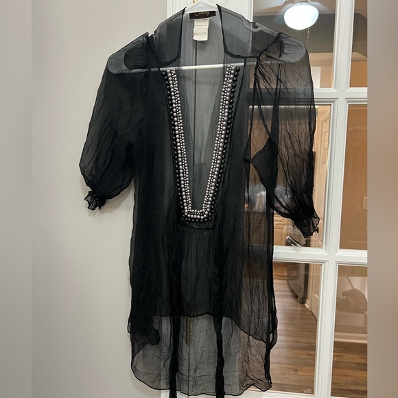 Casting Tops - Vintage Black Sheer silk Tunic with Beaded Detail made in France Sz S